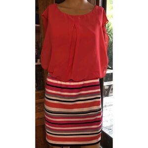 Speechless Coral Black White Striped Skirt Pleated Neckline Blocked Sleeve Small
